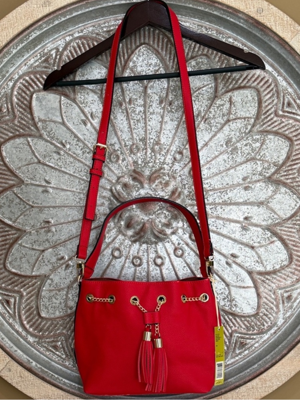 NWT Gianni Bini Red Bucket Faux Leather Crossbody with Tassel Detail & Gold